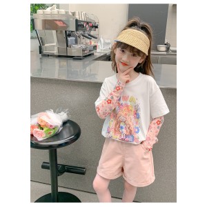 纯棉~儿童上衣夏季新款女童防晒t恤假两件冰袖夏装女孩防蚊T