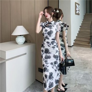 国风改良旗袍年轻款修身显瘦高档气质开叉性感过膝连衣裙中长款夏
